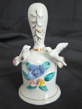 Porcelain Floral Bell with Birds - White, Blue, Green Accent